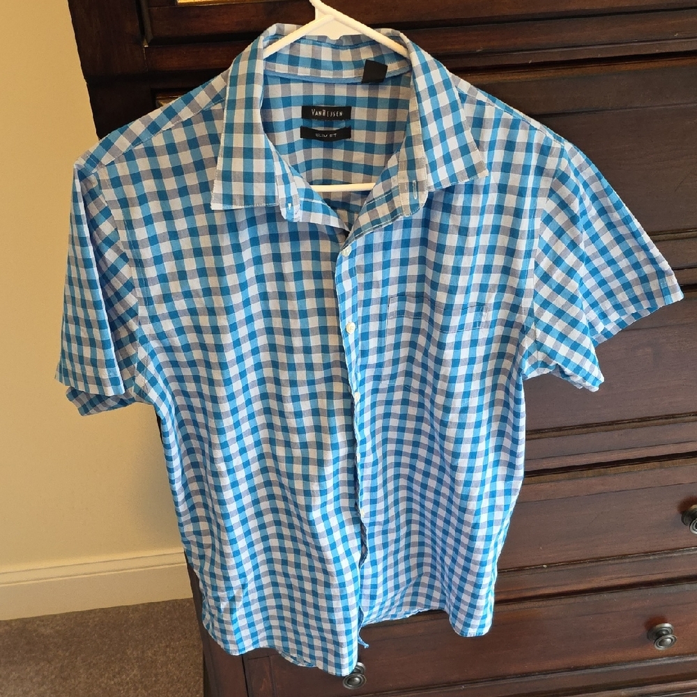 Van Heusen Blue and White Gingham Short Sleeve Button-Down Shirt